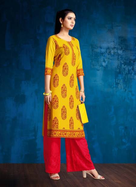 Yellow Colour Ethnic Wear Rayon Printed Latest Designer Kurti Collection Delight-4